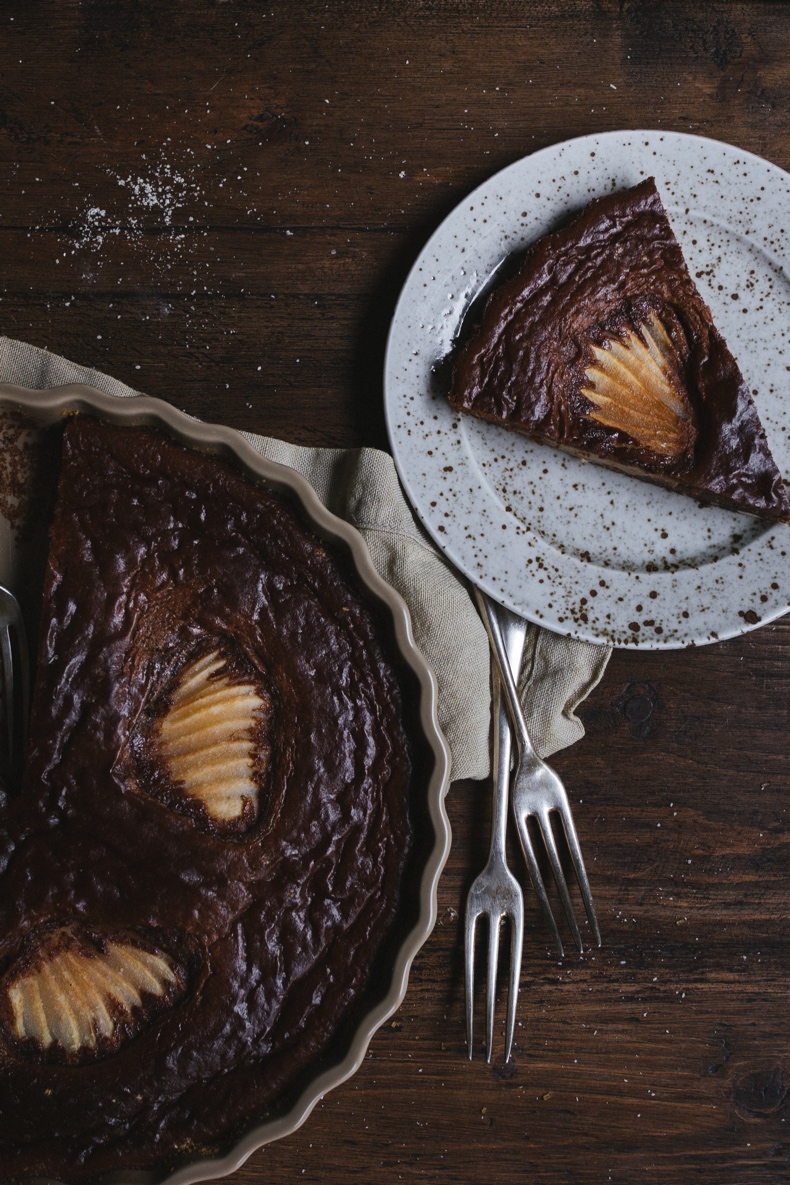 Chocolate Pear Clafoutis with Gorgonzola by Tanya Balyanitsa (more recipes on Honeytanie.com)
