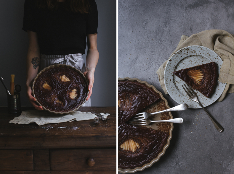 Chocolate Pear Clafoutis with Gorgonzola by Tanya Balyanitsa (more recipes on Honeytanie.com)