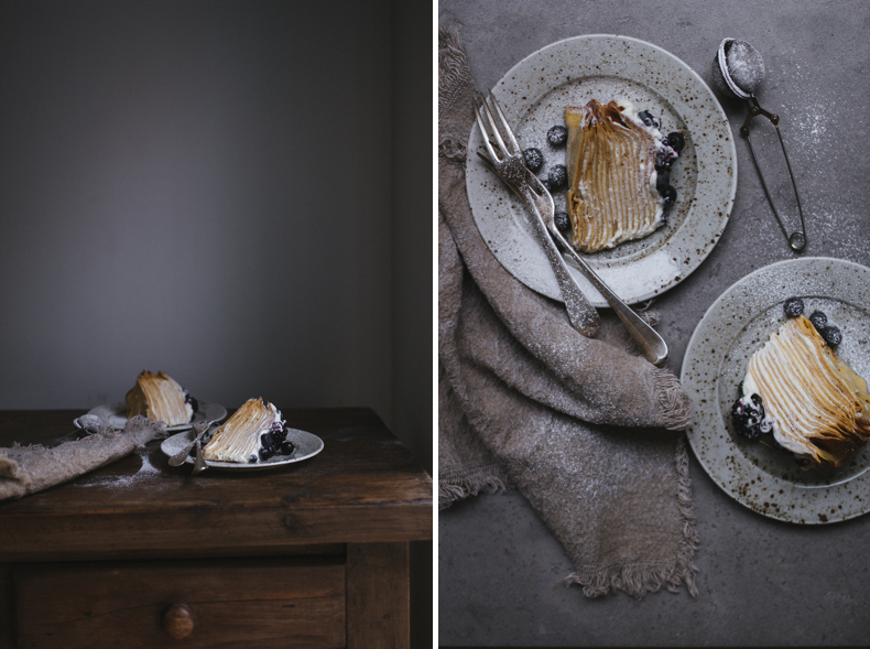 Crepe Cake with Mascarpone Cream and Blue Berries by Tanya Balyanitsa (more seasonal recipes on Honetanie.com)