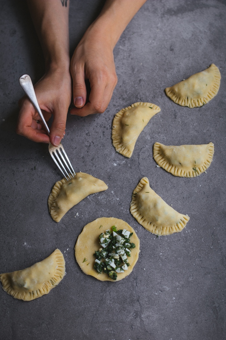 Hand Pies with Eggs and Greens by Tanya Balyanitsa (more seasonal recipes on Honeytanie.com)