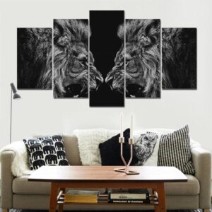 2 fighting Black and White Lion - Animal 5 Panel Canvas Art Wall Decor