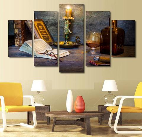 A Cosy Corner Candle With Book - Wine 5 Panel Canvas Art Wall Decor A Cosy Corner Candle With Book - Wine 5 Panel Canvas Art Wall Decor