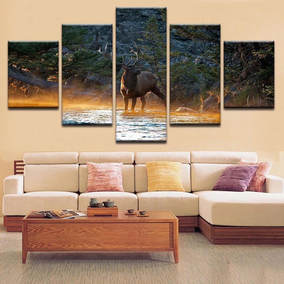 A Deer And A Lake - Animal 5 Panel Canvas Art Wall Decor A Deer And A Lake - Animal 5 Panel Canvas Art Wall Decor