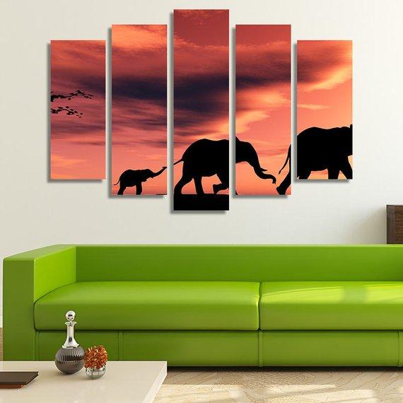 A Family Of Elephants At Sunset In Africa - Animal 5 Panel Canvas Art Wall Decor A Family Of Elephants At Sunset In Africa - Animal 5 Panel Canvas Art Wall Decor
