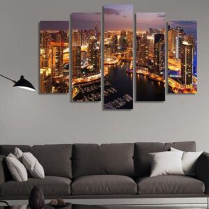 A Night View Of Dubai Marina - Nature 5 Panel Canvas Art Wall Decor