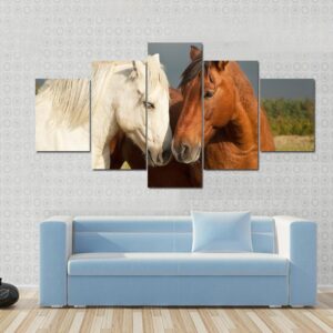 A Pair Of Horses Showing Affection - Animal 5 Panel Canvas Art Wall Decor