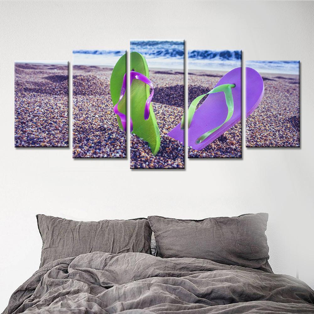 A Pair Of Shoes Stood On The Beach - Space 5 Panel Canvas Art Wall Decor A Pair Of Shoes Stood On The Beach - Space 5 Panel Canvas Art Wall Decor