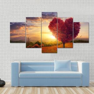 A Red Heart Shaped Tree At Sunset - Nature 5 Panel Canvas Art Wall Decor