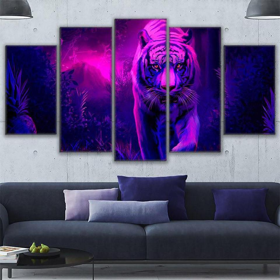 Abstract Animal Mystic Tiger - Animal 5 Panel Canvas Art Wall Decor Abstract Animal Mystic Tiger - Animal 5 Panel Canvas Art Wall Decor