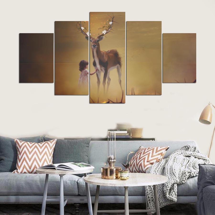 Abstract Girl Deer Modern - Animal 5 Panel Canvas Art Wall Decor Abstract Girl Deer Modern - Animal 5 Panel Canvas Art Wall Decor