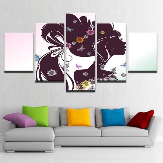Abstract Long Hair Flower Girl Silhouette - Abstract 5 Panel Canvas Art Wall Decor Abstract Long Hair Flower Girl Silhouette - Abstract 5 Panel Canvas Art Wall Decor