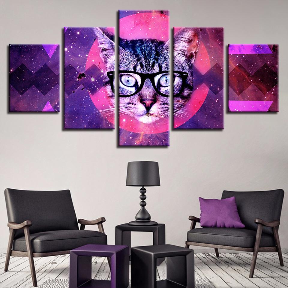 Abstract Red Moon Animal Cat With Glasses - Animal 5 Panel Canvas Art Wall Decor Abstract Red Moon Animal Cat With Glasses - Animal 5 Panel Canvas Art Wall Decor