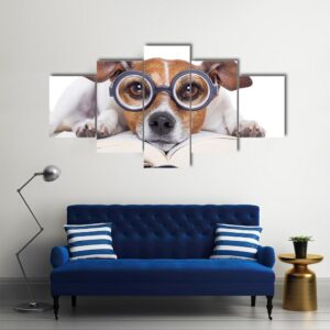 Ack Russell Dog Reading A Book With Nerd Glasses - Animal 5 Panel Canvas Art Wall Decor