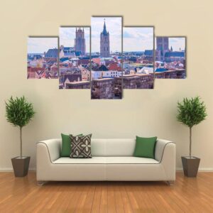 Aerial Panoramic View Of Ghent Belgium - Nature 5 Panel Canvas Art Wall Decor