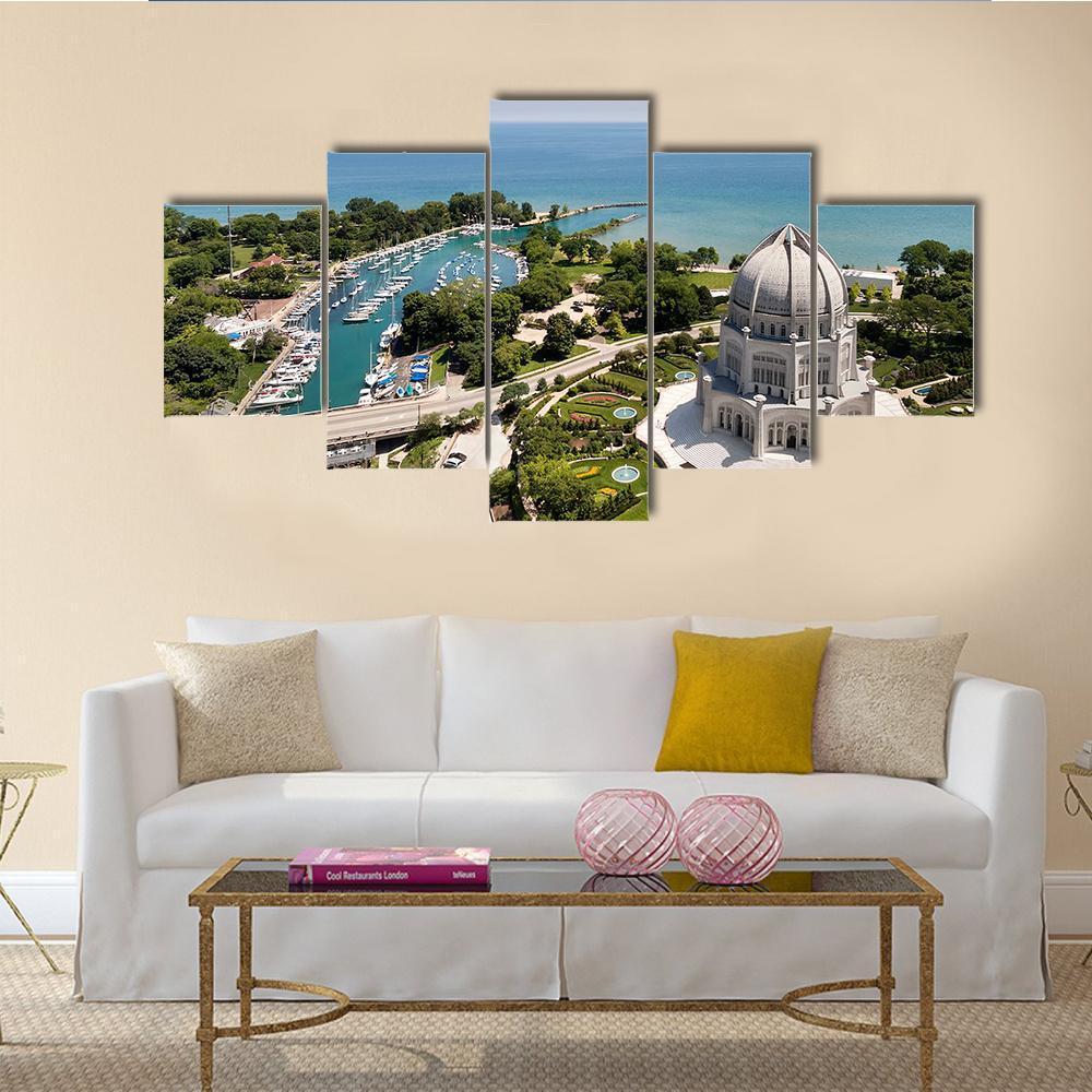 Aerial View Of Baha’I Temple And Wilmette Harbor - Nature 5 Panel Canvas Art Wall Decor Aerial View Of Baha’I Temple And Wilmette Harbor - Nature 5 Panel Canvas Art Wall Decor