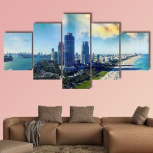 Aerial View Of Miami Beach - Nature 5 Panel Canvas Art Wall Decor