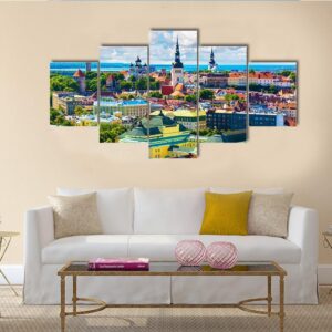 Aerial View Of The Old Town In Tallinn - Nature 5 Panel Canvas Art Wall Decor