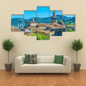 Aerial View Of Valldemossa With Catholica Church - Nature 5 Panel Canvas Art Wall Decor