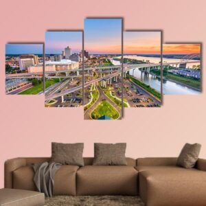 Aerial View With Downtown And Mud Island - Nature 5 Panel Canvas Art Wall Decor