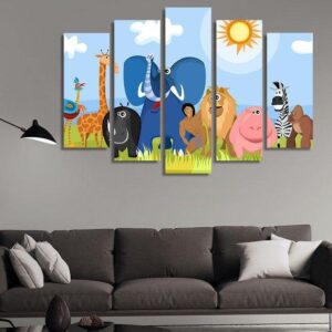 African Animals Nursery - Animal 5 Panel Canvas Art Wall Decor