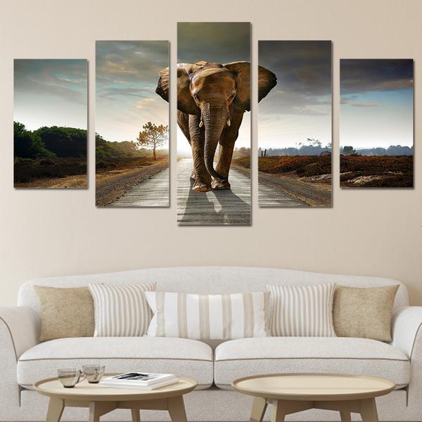 African Elephant On Road Sunset 15- Animal 5 Panel Canvas Art Wall Decor African Elephant On Road Sunset 15- Animal 5 Panel Canvas Art Wall Decor
