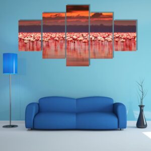 African Flamingos In The Lake - Nature 5 Panel Canvas Art Wall Decor