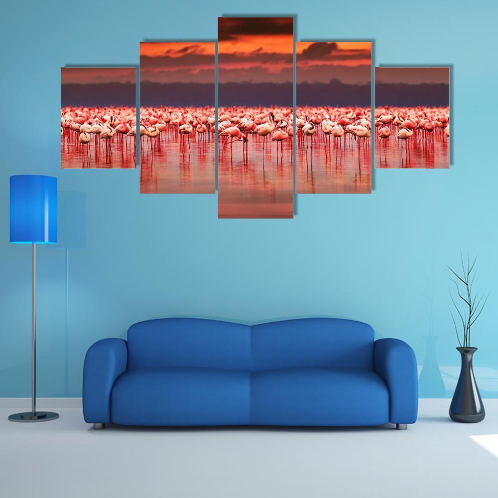African Flamingos In The Lake - Nature 5 Panel Canvas Art Wall Decor African Flamingos In The Lake - Nature 5 Panel Canvas Art Wall Decor