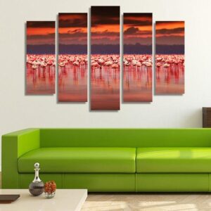 African Flamingos - Nature 5 Panel Canvas Art Wall Decor