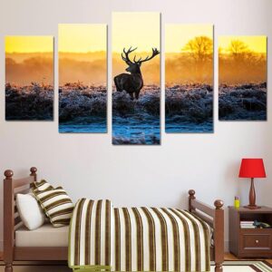 African Sunset Deer - Animal 5 Panel Canvas Art Wall Decor