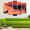 African Sunset With Giraffes - Animal 5 Panel Canvas Art Wall Decor