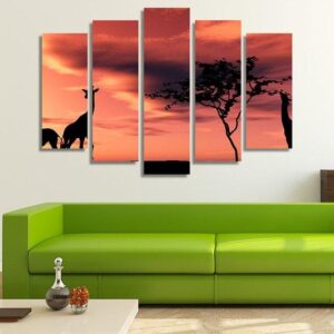 African Sunset With Giraffes - Animal 5 Panel Canvas Art Wall Decor