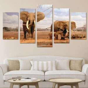 African elephants - Animal 5 Panel Canvas Art Wall Decor