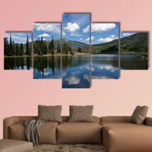 Afternoon Clouds Reflect From Pearl Lake - Nature 5 Panel Canvas Art Wall Decor