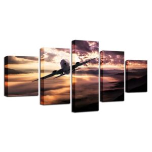 Aircraft Jet At Sunset Scenery - Airplane 5 Panel Canvas Art Wall Decor