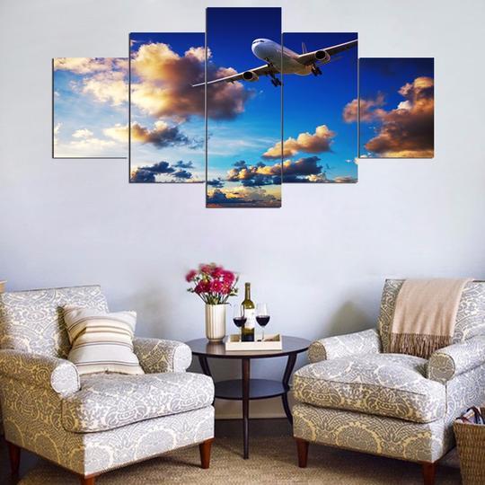 Airliner In A Blue Sky - Aircraft 5 Panel Canvas Art Wall Decor Airliner In A Blue Sky - Aircraft 5 Panel Canvas Art Wall Decor