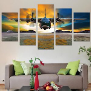 Airplane Fly Sunset - Aircraft 5 Panel Canvas Art Wall Decor
