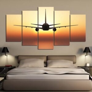 Airplane Fly With Golden Sunset - Airplane 5 Panel Canvas Art Wall Decor