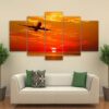 Airplane Flying In Sunset - Airplane 5 Panel Canvas Art Wall Decor