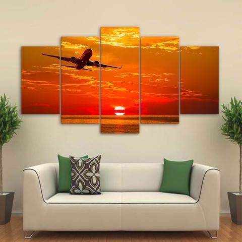 Airplane Flying In Sunset - Airplane 5 Panel Canvas Art Wall Decor Airplane Flying In Sunset - Airplane 5 Panel Canvas Art Wall Decor