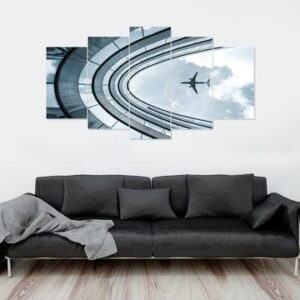 Airplane Flying Over Building - Airplane 5 Panel Canvas Art Wall Decor