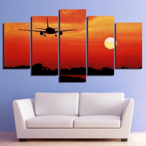 Airplane In Red Sunset - Airplane 5 Panel Canvas Art Wall Decor Airplane In Red Sunset - Airplane 5 Panel Canvas Art Wall Decor