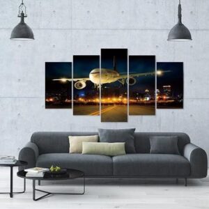 Airplane Night Flight Landing - Airplane 5 Panel Canvas Art Wall Decor