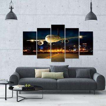 Airplane Night Flight Landing - Airplane 5 Panel Canvas Art Wall Decor Airplane Night Flight Landing - Airplane 5 Panel Canvas Art Wall Decor