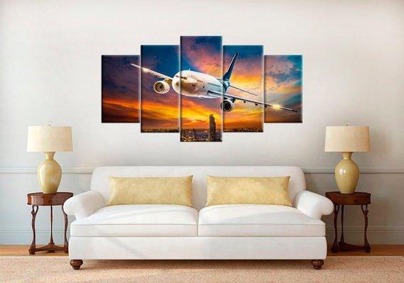 Airplane Plane Over The City - Airplane 5 Panel Canvas Art Wall Decor Airplane Plane Over The City - Airplane 5 Panel Canvas Art Wall Decor