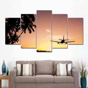 Airplane Sunset 15 - Aircraft 5 Panel Canvas Art Wall Decor