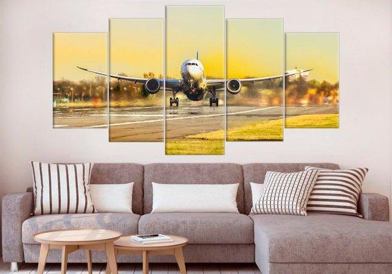 Airplane Sunset Set Large - Airplane 5 Panel Canvas Art Wall Decor Airplane Sunset Set Large - Airplane 5 Panel Canvas Art Wall Decor