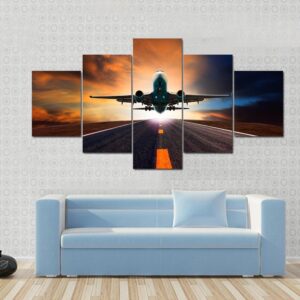 Airplane Taking Off From A Runway - Airplane 5 Panel Canvas Art Wall Decor