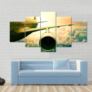 Airplane Wings Flying Above Clouds - Airplane 5 Panel Canvas Art Wall Decor