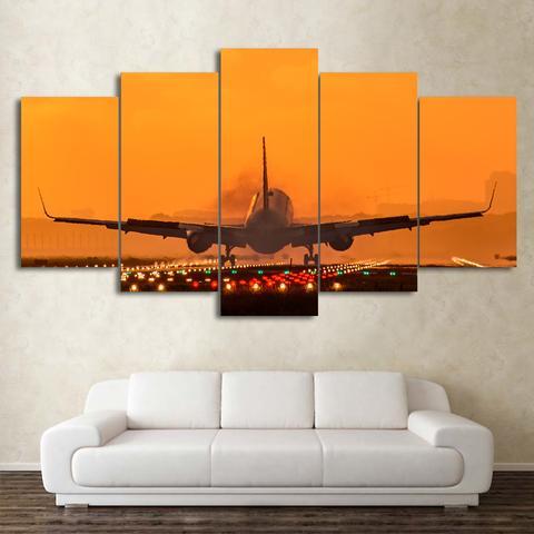 Airplane With Colorful Runway In Sunset - Airplane 5 Panel Canvas Art Wall Decor Airplane With Colorful Runway In Sunset - Airplane 5 Panel Canvas Art Wall Decor