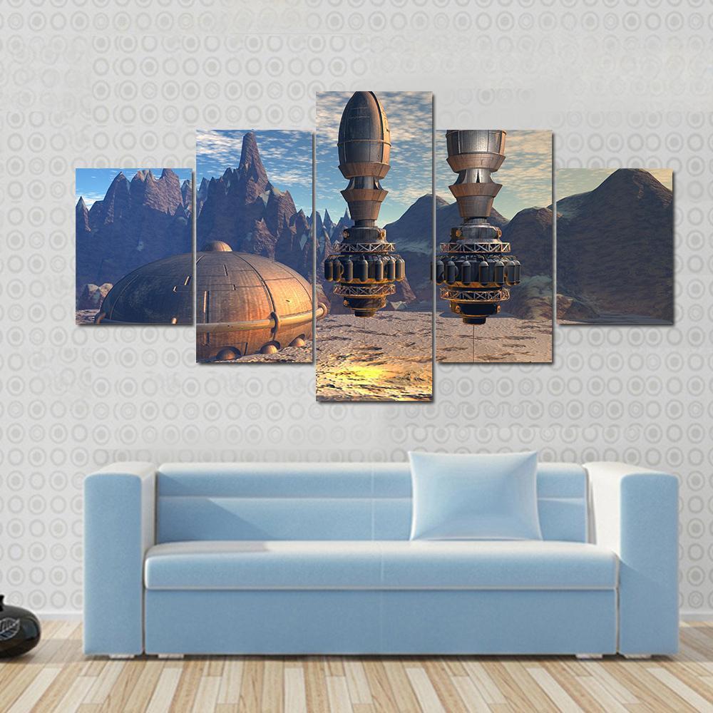 Alien Spaceship On Deep Space - Space 5 Panel Canvas Art Wall Decor Alien Spaceship On Deep Space - Space 5 Panel Canvas Art Wall Decor
